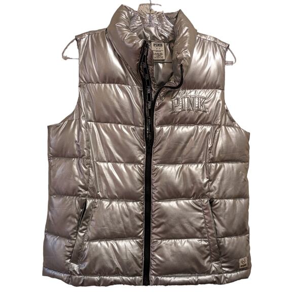 PINK Victoria's Secret Zip Up Puffer Vest Love Pink Silver Metallic Women's M - Picture 4 of 11